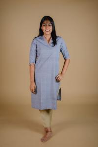 Kēmi Womens Cotton V-Neck Band Kurta with 3/4 Sleeve - Zen Blue
