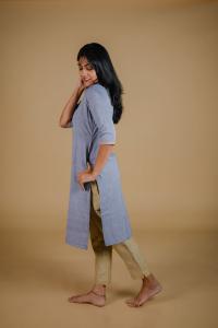 Kēmi Womens Cotton V-Neck Band Kurta with 3/4 Sleeve - Zen Blue