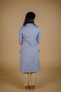 Kēmi Womens Cotton V-Neck Band Kurta with 3/4 Sleeve - Zen Blue