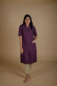 Kēmi Womens Cotton V-Neck Band Collar Kurta with 1/2 Sleeve - Plum Purple