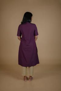 Kēmi Womens Cotton V-Neck Band Collar Kurta with 1/2 Sleeve - Plum Purple