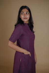 Kēmi Womens Cotton V-Neck Band Collar Kurta with 1/2 Sleeve - Plum Purple