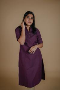 Kēmi Womens Cotton V-Neck Band Collar Kurta with 1/2 Sleeve - Plum Purple