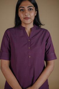 Kēmi Womens Cotton V-Neck Band Collar Kurta with 1/2 Sleeve - Plum Purple