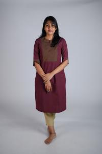 Kēmi Womens Cotton Notch Round Neck  Kurta with 3/4 Sleeve - Cabernet Red Colour