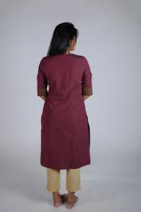 Kēmi Womens Cotton Notch Round Neck  Kurta with 3/4 Sleeve - Cabernet Red Colour