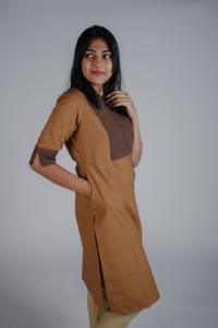 Kēmi Womens Cotton Notch Round Neck  Kurta with 3/4 Sleeve - Brown Sugar