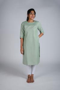 Kēmi Womens Cotton Jewel Neck Kurta with 3/4 Sleeve - Celadon Green