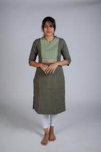 Kēmi Womens Cotton V-Notch Round Neck  Kurta with 3/4 Sleeve - Winter Moss