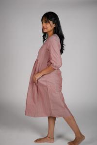 Kēmi Womens Cotton Round Neck Dress with Gathered Cuff 3/4 Sleeve-Canyon Rose Almond Buff