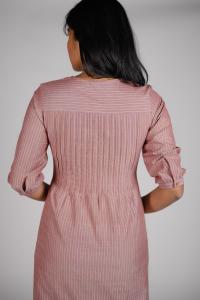 Kēmi Womens Cotton Round Neck Dress with Gathered Cuff 3/4 Sleeve-Canyon Rose Almond Buff