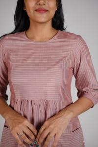 Kēmi Womens Cotton Round Neck Dress with Gathered Cuff 3/4 Sleeve-Canyon Rose Almond Buff