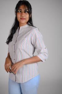 Kēmi Womens Cotton V-Neck Band Collar Shirt with 3/4 Roll Up Sleeve - Multi Colour