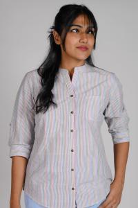 Kēmi Womens Cotton V-Neck Band Collar Shirt with 3/4 Roll Up Sleeve - Multi Colour