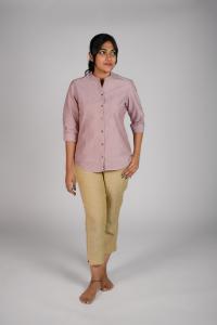 Kēmi Womens Cotton V-Neck Band Collar Shirt with 3/4 Roll Up Sleeve-Canyon Rose Buttercream
