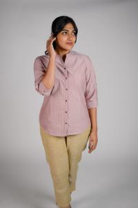 Kēmi Womens Cotton V-Neck Band Collar Shirt with 3/4 Roll Up Sleeve-Canyon Rose Buttercream
