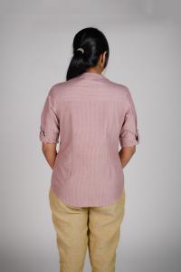 Kēmi Womens Cotton V-Neck Band Collar Shirt with 3/4 Roll Up Sleeve-Canyon Rose Buttercream