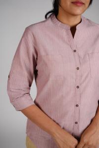 Kēmi Womens Cotton V-Neck Band Collar Shirt with 3/4 Roll Up Sleeve-Canyon Rose Buttercream