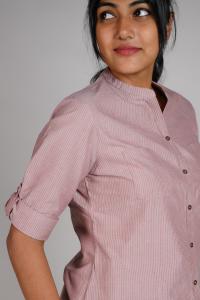 Kēmi Womens Cotton V-Neck Band Collar Shirt with 3/4 Roll Up Sleeve-Canyon Rose Buttercream