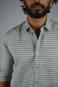 Commando Mens Cotton Striped Regular Fit  Full Sleeve Shirt - Smoke Green  Snow White