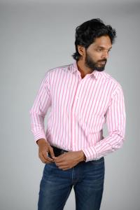 Commando Mens Cotton Striped Regular Fit Full Sleeve Shirt - Aurora Pink  Bright White