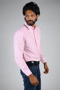 Commando Mens Cotton Striped Regular Fit Full Sleeve Shirt - Aurora Pink  Bright White