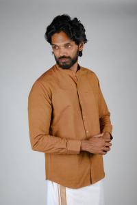 Commando Mens Cotton Solid Band Collar Regular Fit Full Sleeve Shirt - Brown Sugar
