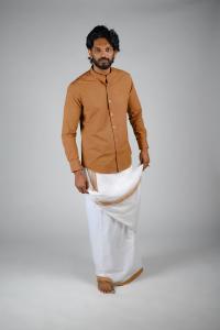 Commando Mens Cotton Solid Band Collar Regular Fit Full Sleeve Shirt - Brown Sugar