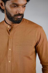 Commando Mens Cotton Solid Band Collar Regular Fit Full Sleeve Shirt - Brown Sugar