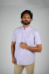 Commando Mens Cotton Solid Band Collar Regular Fit Half Sleeve Shirt - Pastel Lilac