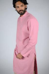 Commando Mens Cotton Striped Regular Fit Full Sleeve Long Kurta-Rapture Rose Powder Pink