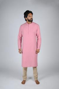 Commando Mens Cotton Striped Regular Fit Full Sleeve Long Kurta-Rapture Rose Powder Pink