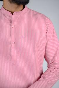 Commando Mens Cotton Striped Regular Fit Full Sleeve Long Kurta-Rapture Rose Powder Pink
