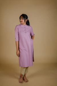 Kēmi Womens Cotton Band Collar Kurta with 3/4 Sleeve - Mauve Orchid