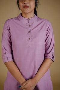 Kēmi Womens Cotton Band Collar Kurta with 3/4 Sleeve - Mauve Orchid