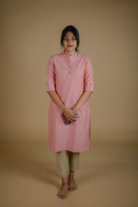 Kēmi Womens Cotton Band Collar Kurta with 3/4 Sleeve - Quartz Pink