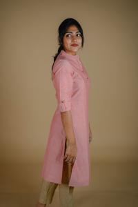 Kēmi Womens Cotton Band Collar Kurta with 3/4 Sleeve - Quartz Pink