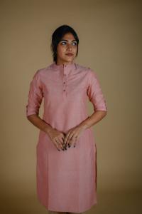 Kēmi Womens Cotton Band Collar Kurta with 3/4 Sleeve - Quartz Pink