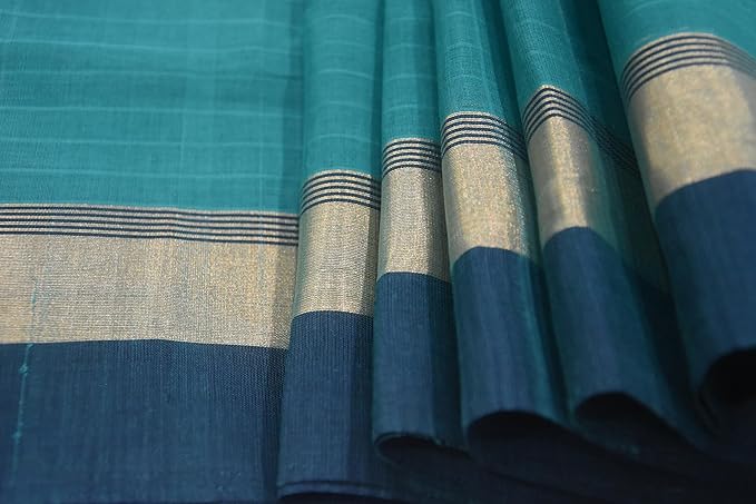 Hantex Peocock Green and Navy Blue Colour Saree With Unstitched Blouse Piece