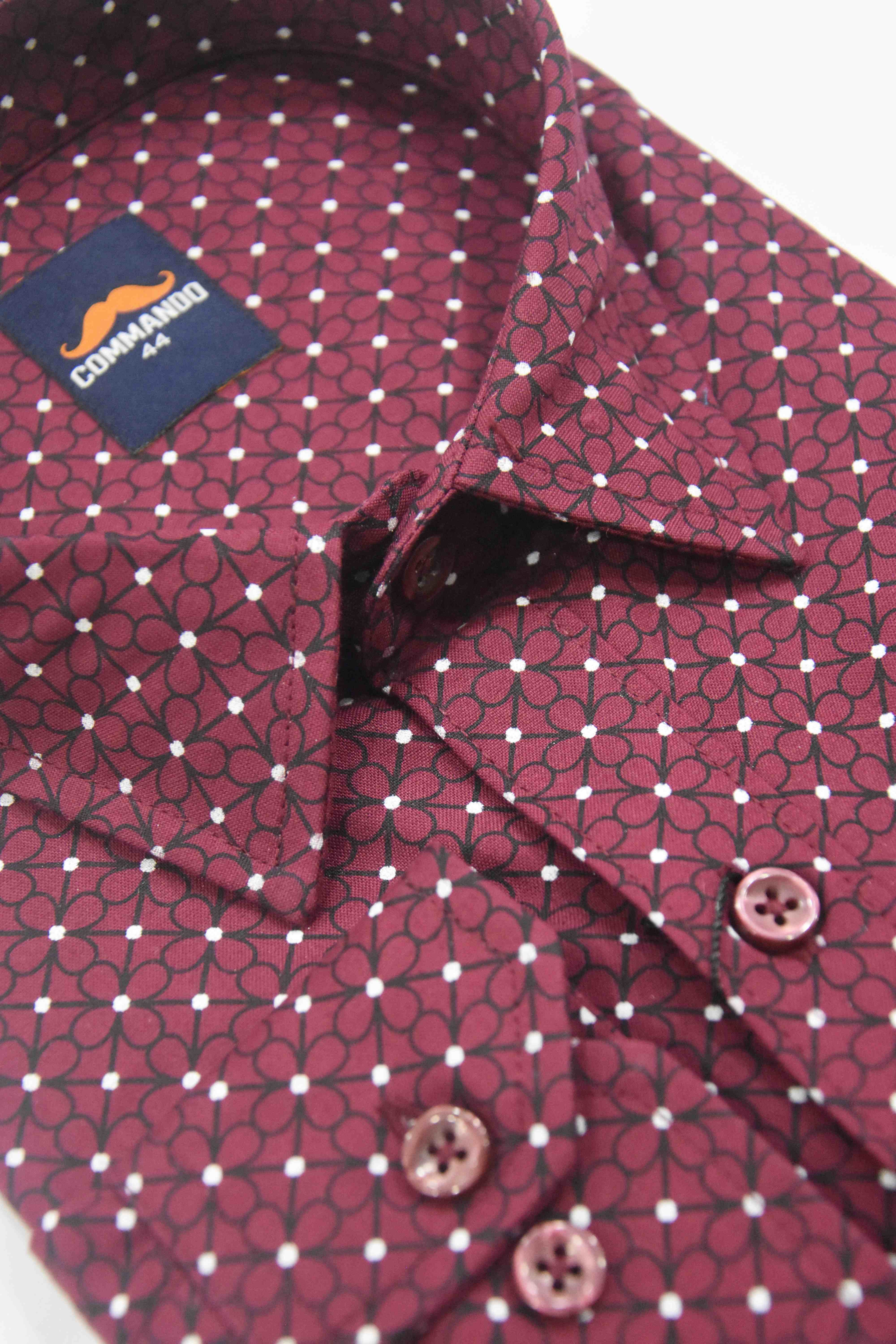 COMMANDO PREMIUM CLASSIC REGULAR FIT MAROON AND WHITE FLORAL PRINTED COTTON SHIRTS Maroon