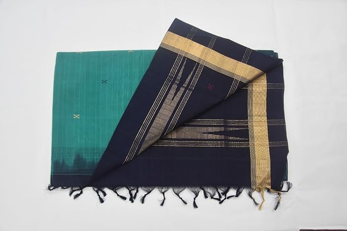 Hantex Peocock Green and Navy Blue Colour Saree With Unstitched Blouse Piece