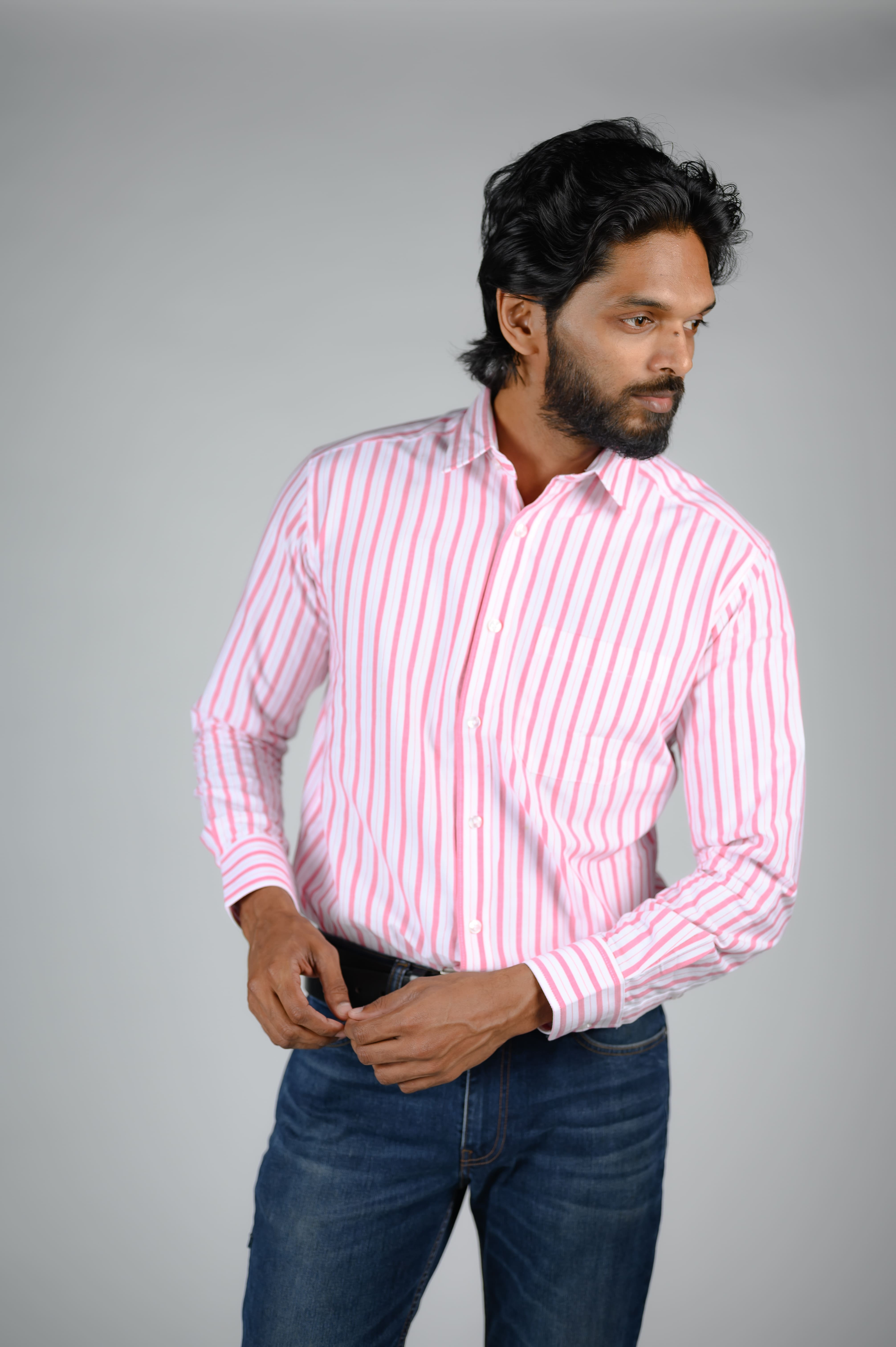 Commando Mens Cotton Striped Regular Fit Full Sleeve Shirt - Aurora Pink  Bright White
