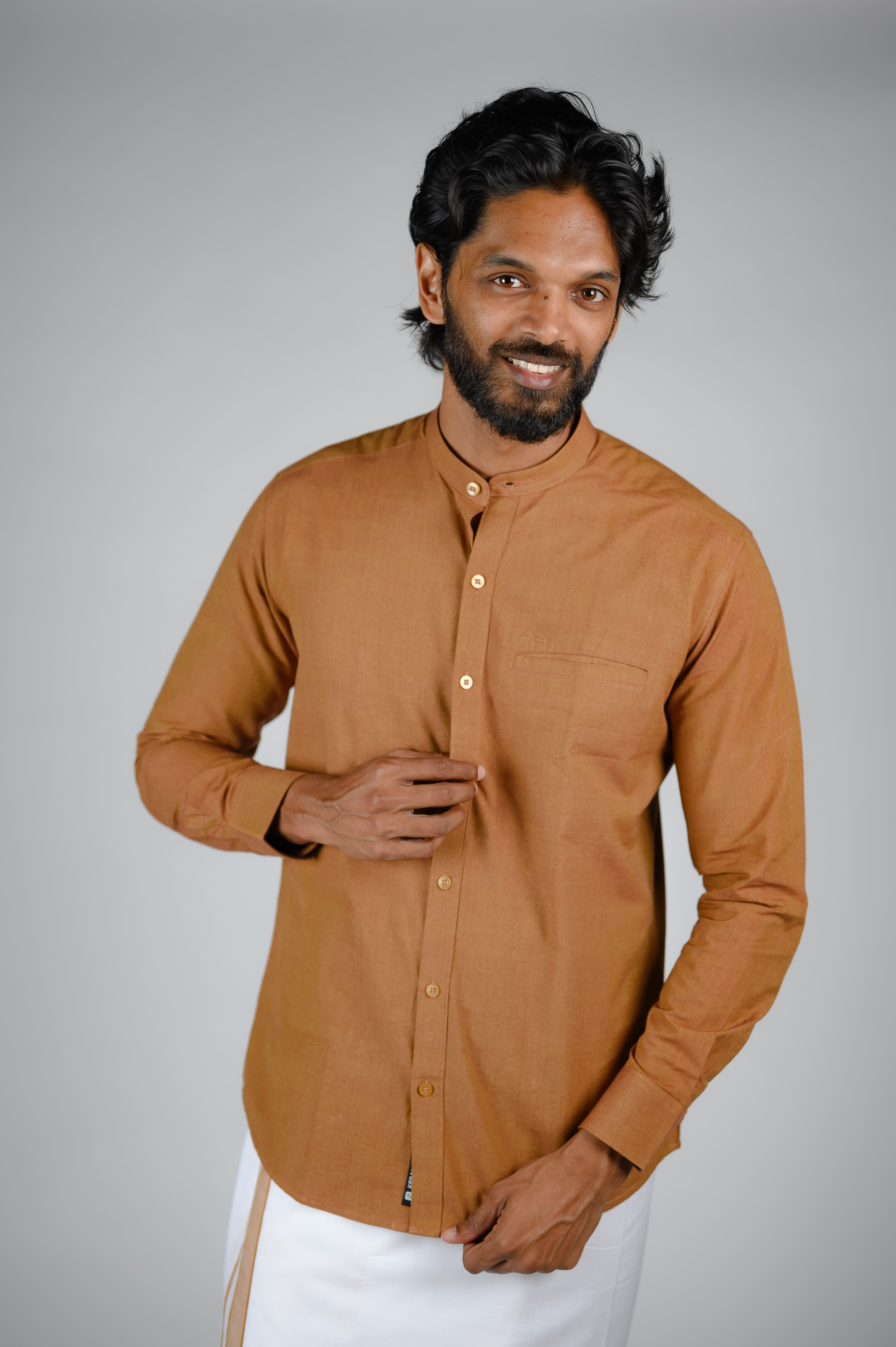 Commando Mens Cotton Solid Band Collar Regular Fit Full Sleeve Shirt - Brown Sugar