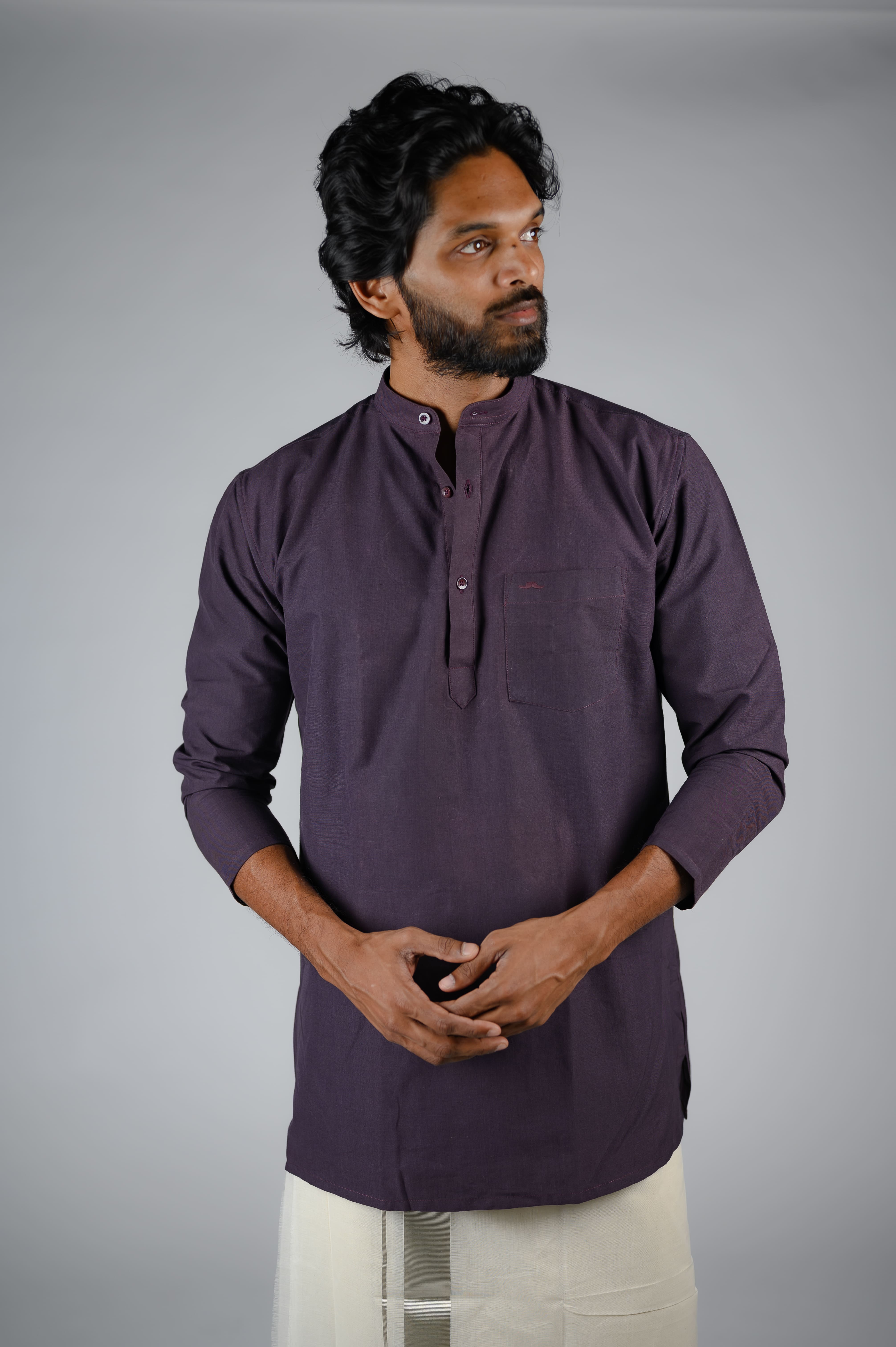 Commando Mens Cotton Solid Regular Fit Full Sleeve Short Kurta - Blackberry Wine