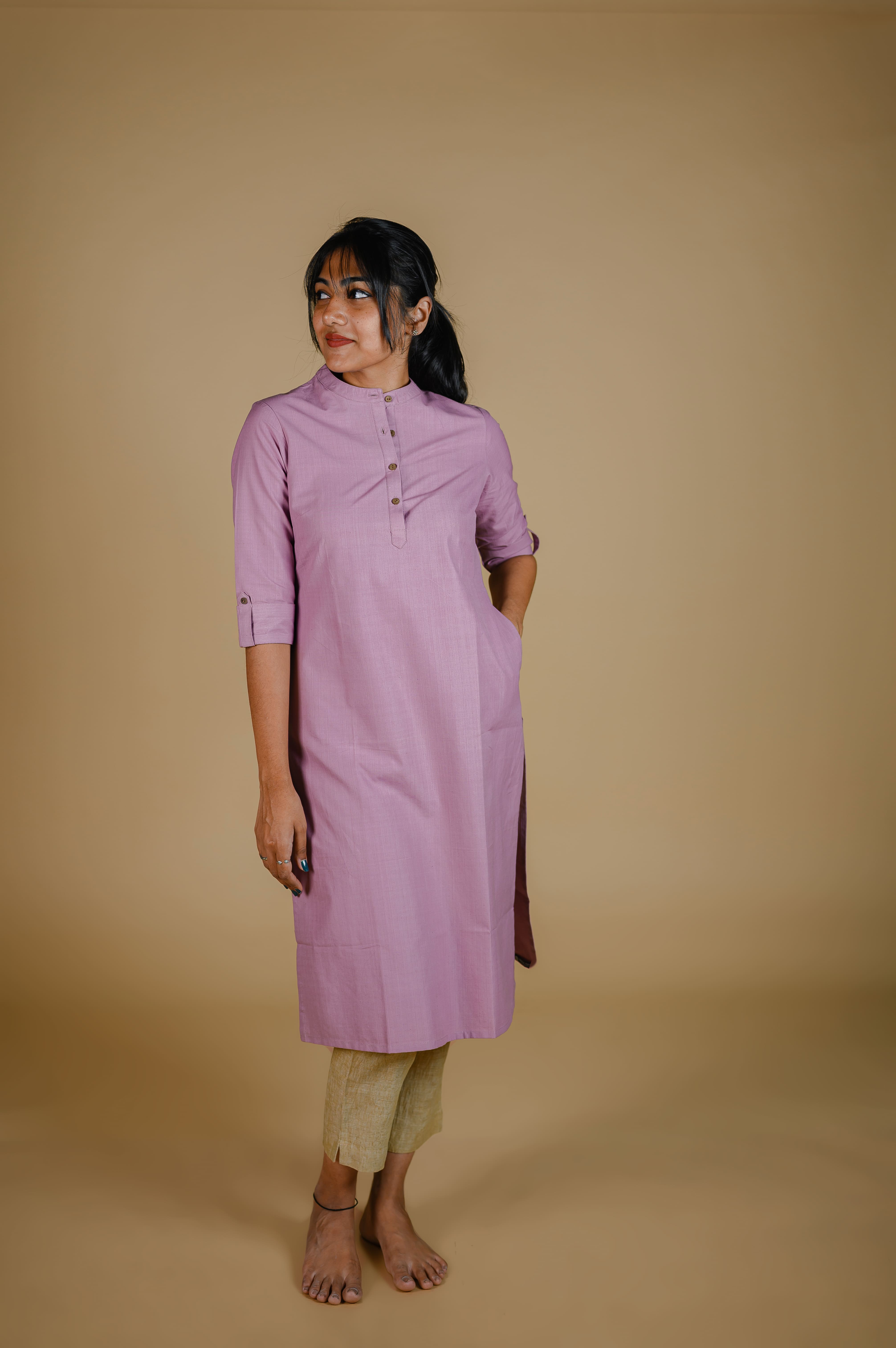 Kēmi Womens Cotton Band Collar Kurta with 3/4 Sleeve - Mauve Orchid