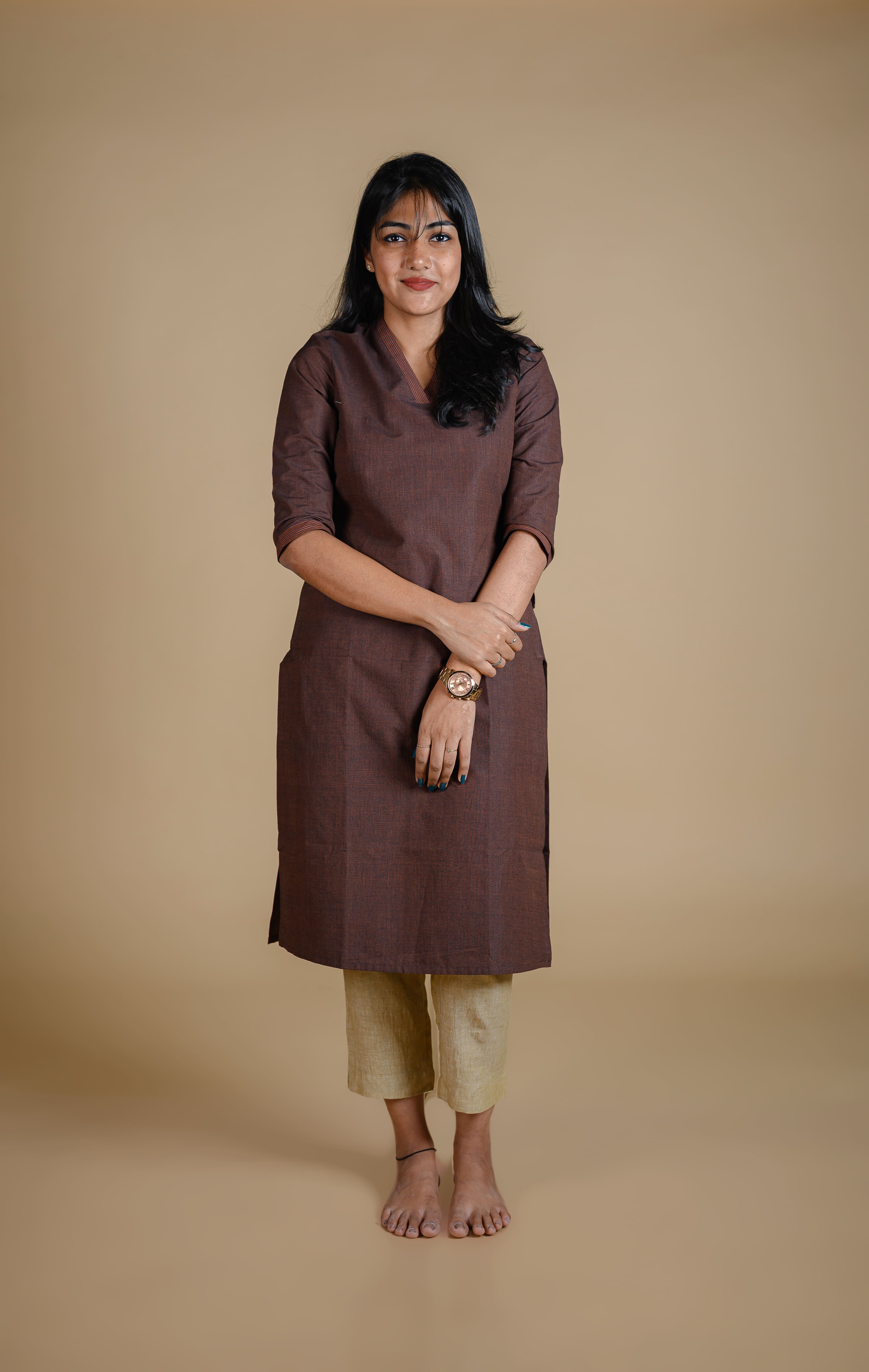 Kēmi Womens Cotton V-Neck Band Kurta with 3/4 Sle...