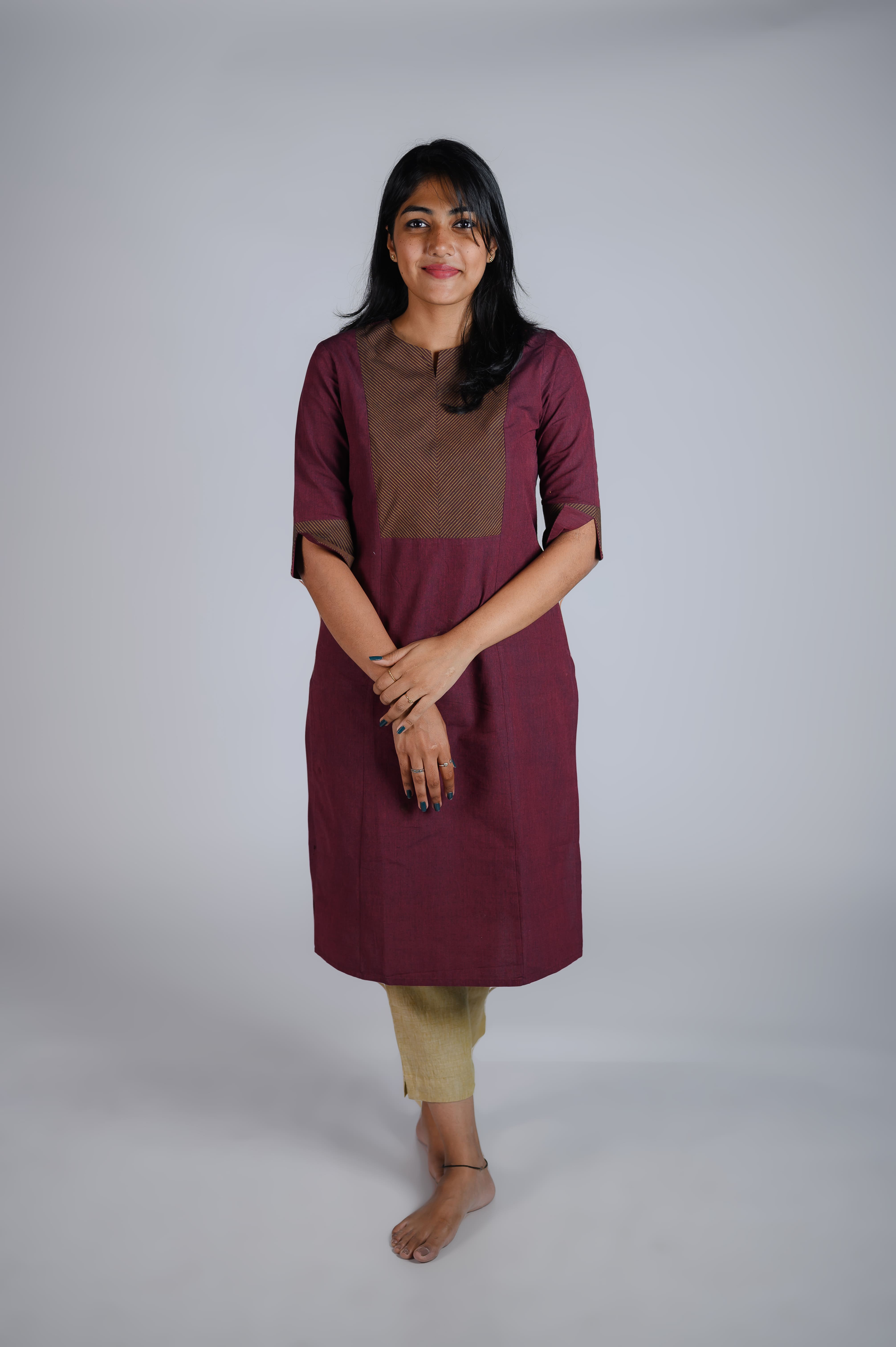 Kēmi Womens Cotton Notch Round Neck  Kurta with 3/4 Sleeve - Cabernet Red Colour