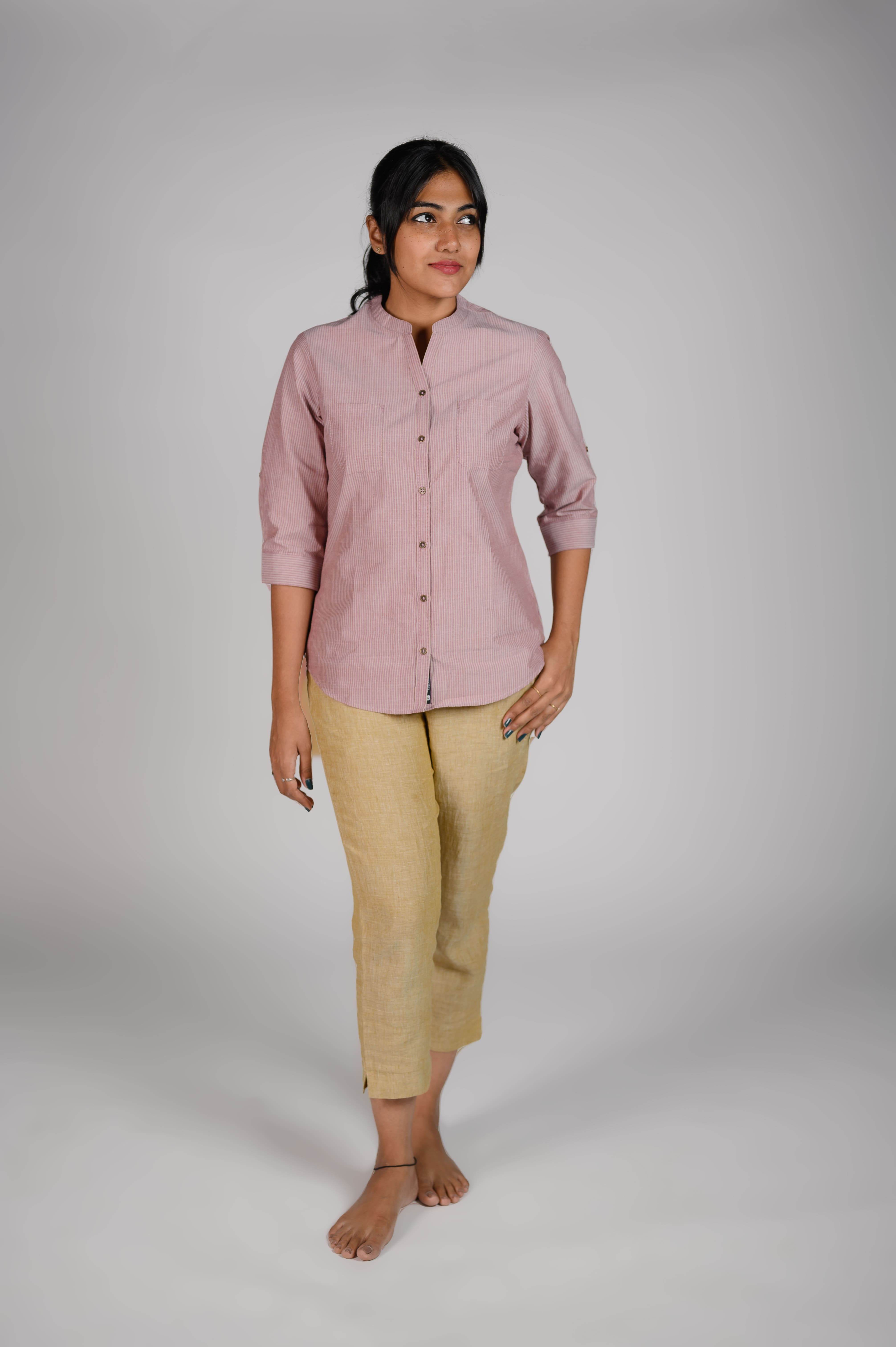 Kēmi Womens Cotton V-Neck Band Collar Shirt with 3/4 Roll Up Sleeve-Canyon Rose Buttercream