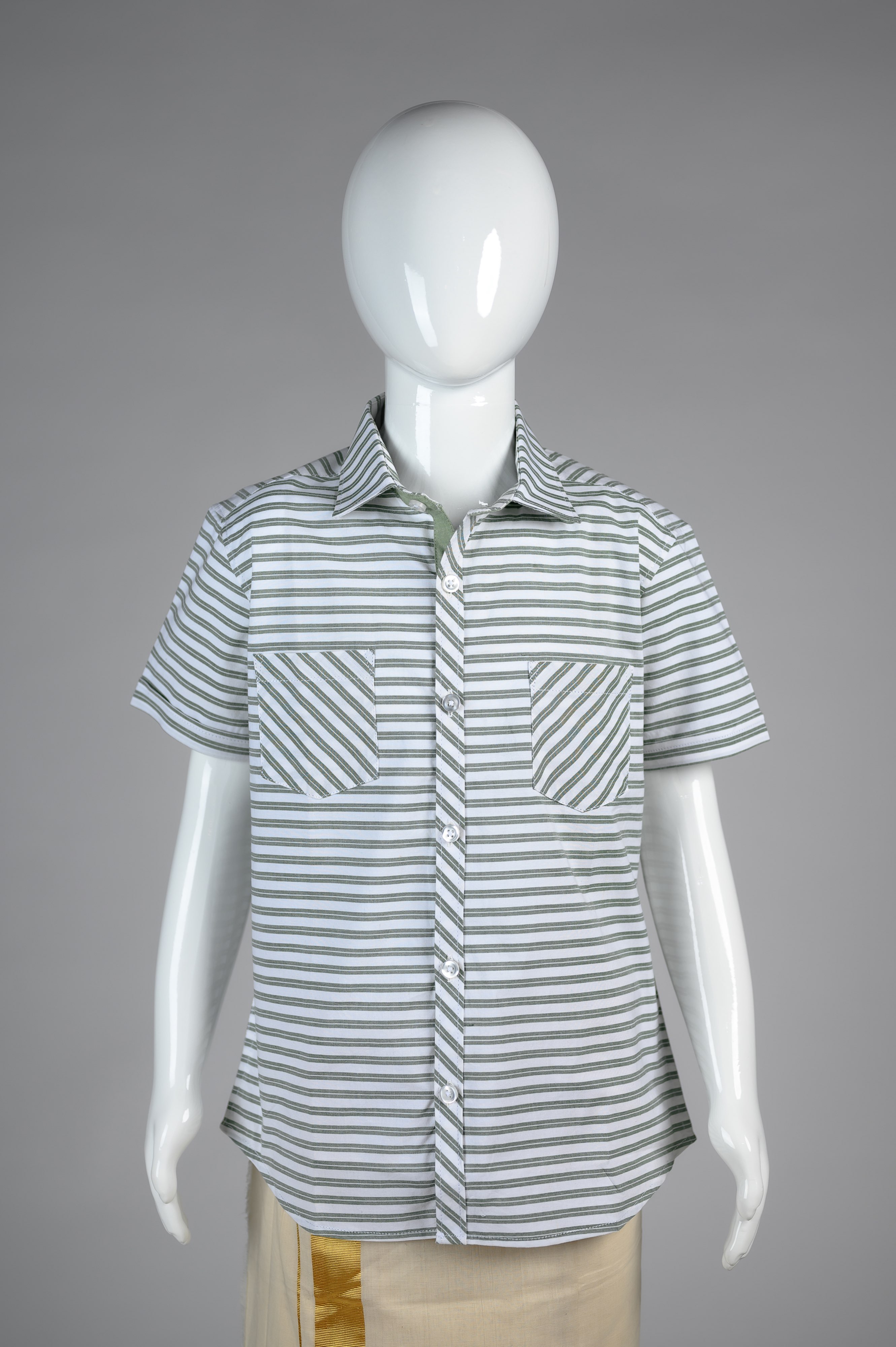 Junior Commando Boys Cotton Striped Half Sleeve Shirt-Snow White Shale Green