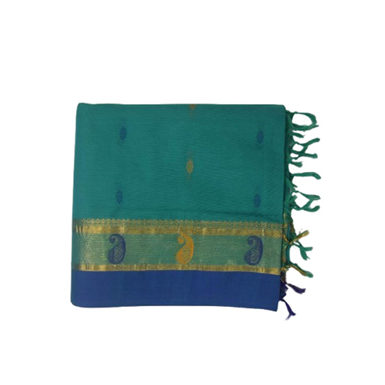 Hantex Peocock Green and Blue Colour Saree With Un...